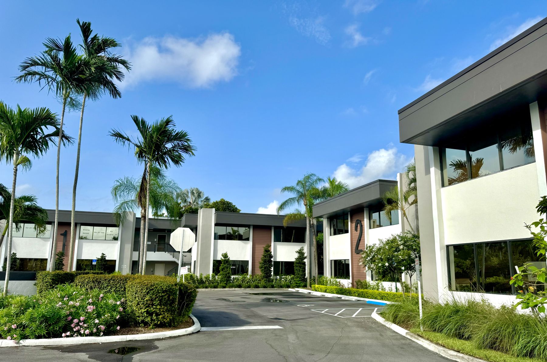 Palm-lined entry drive at The Office Park at the California Club